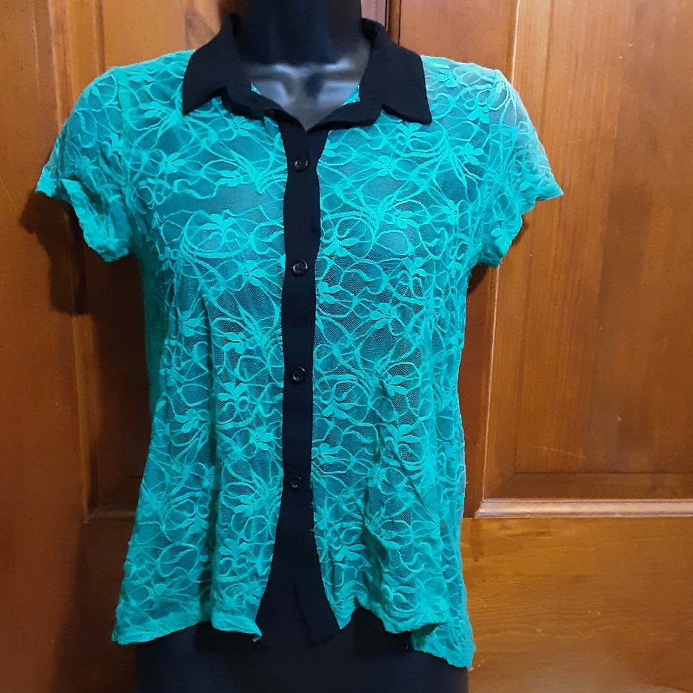 Green and black lace blouse. Half Off